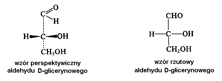 Plik:Wzór perspektywiczny aldehydu D- glicerynowego (w ustawieniu gotowym do rzutowania według konwencji Fischera) oraz uzyskany wzór rzutowy.png